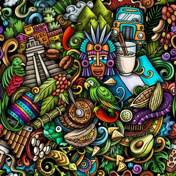 Cartoon Doodles Guatemala Seamless Pattern