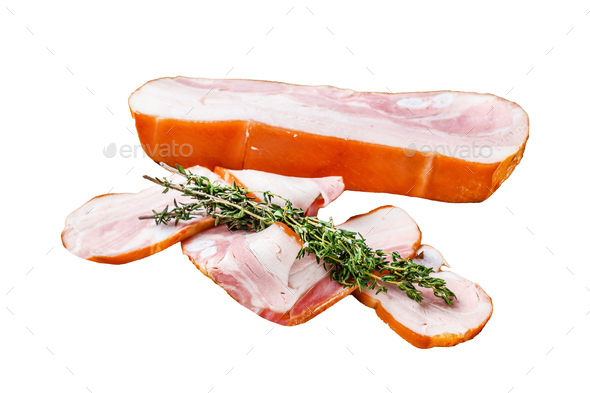 Pork belly with skin, cut slices. Isolated on white background, Top view.