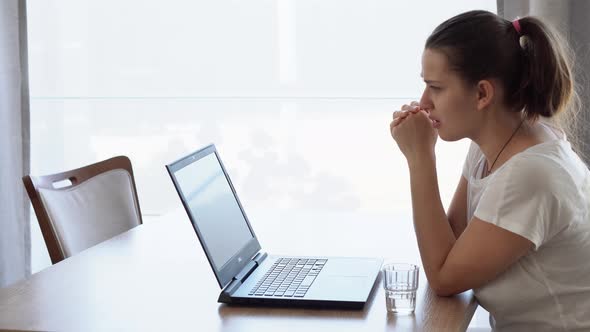 Authentic Caucasian Young Woman Chatting On Laptop At Home In Living Room alt