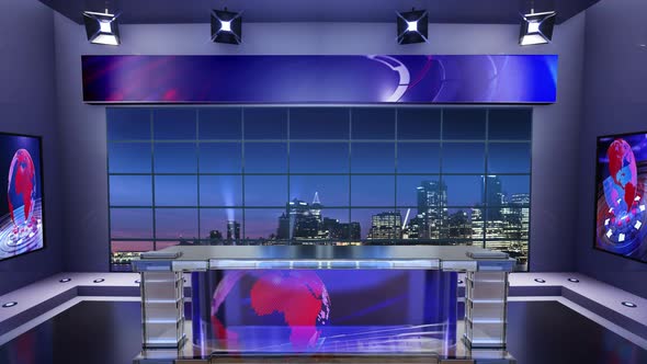 3D Virtual News Studio. Announcer Table With Night City Background And Floodlights 8 alt