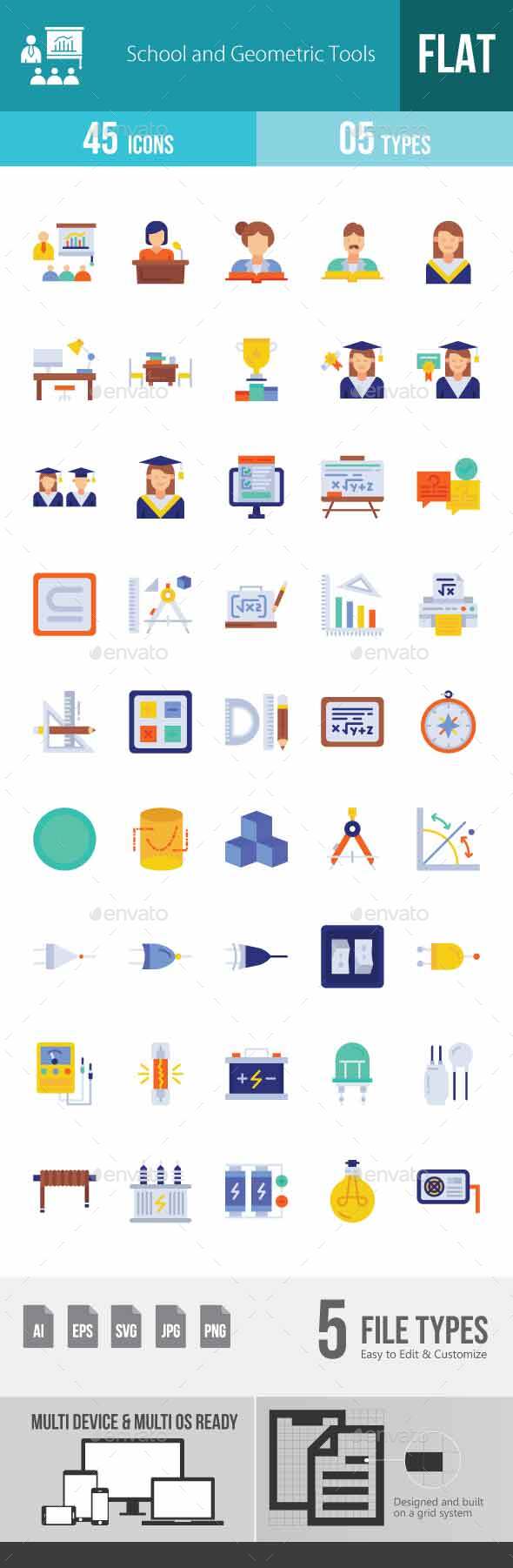 School and Geometric Tools Flat Multicolor Icons