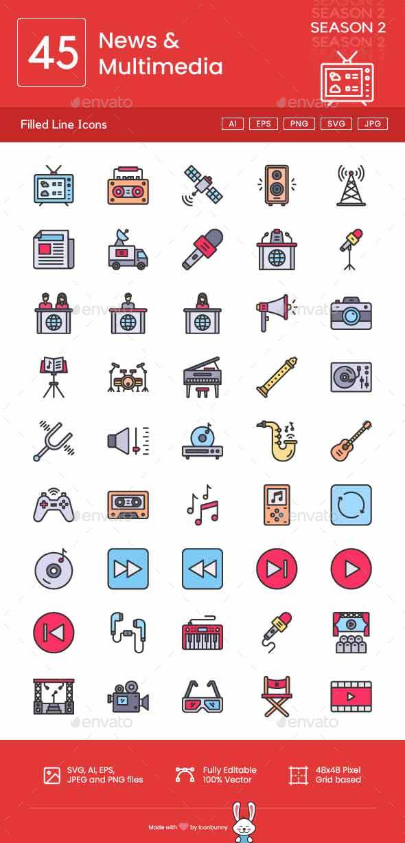 News & Multimedia Filled Line Icons