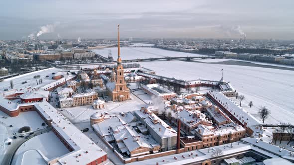 Winter City Landscape with Peter and Paul Fortress and Neva River