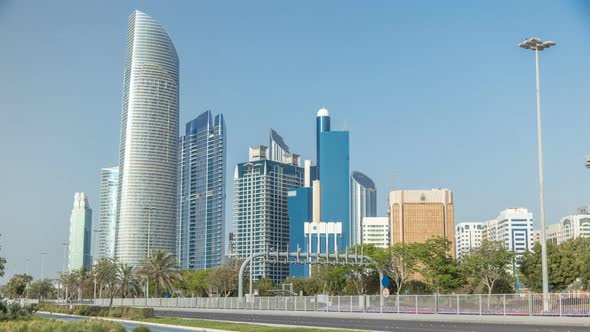 Corniche Boulevard Beach Park Along the Coastline in Abu Dhabi Timelapse with Skyscrapers on alt
