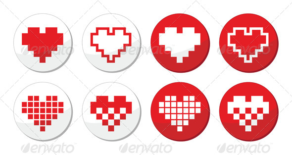 Pixelated Red Heart Icons Set - Love, Dating Online - Valentines Seasons/Holidays