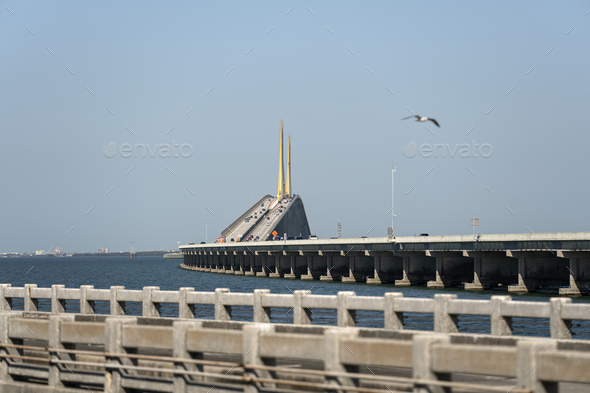 Sunshine Skyway Bridge over Tampa Bay in Florida with moving traffic