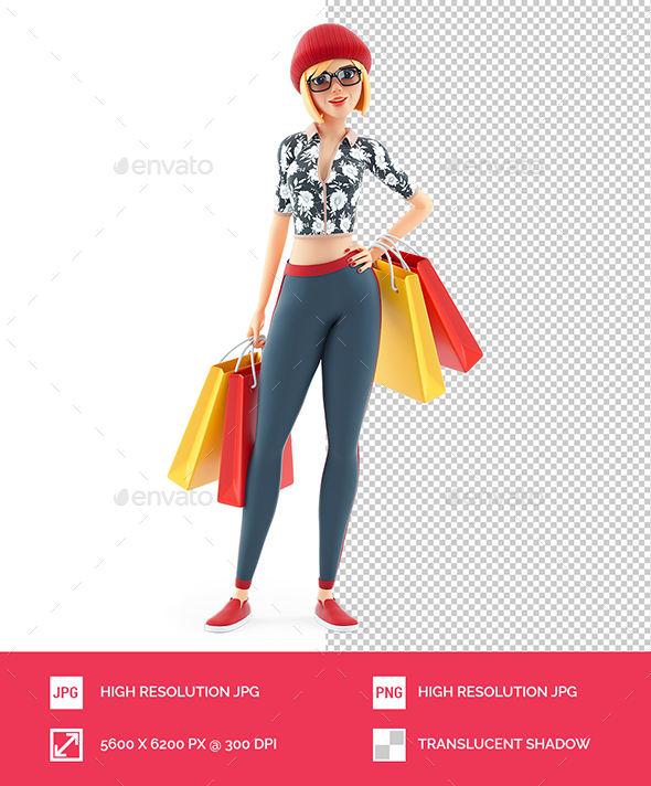 3D Fashion Girl Standing with Shopping Bags