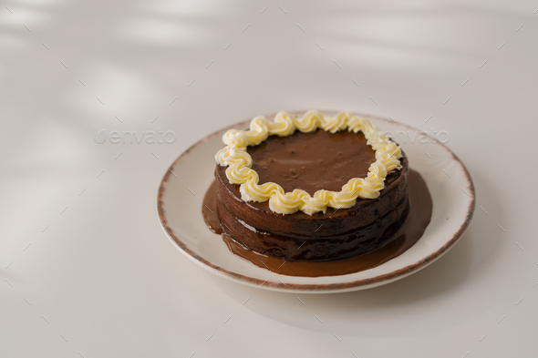 delicious freshly made chocolate Sacher or Prague cake on white background decorated with custard