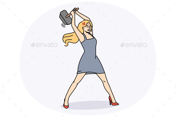 Woman with Hammer in Hands Feel Powerful