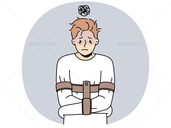 Unhappy Man in Straitjacket Suffer From Mental
