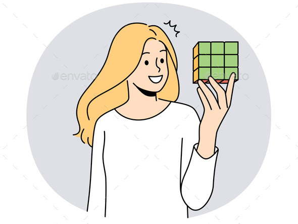 Smiling Woman Hold Rubik Cube
