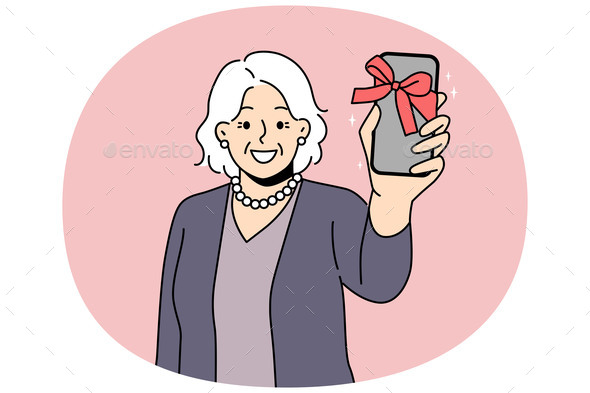 Smiling Mature Woman Show Smartphone As Gift