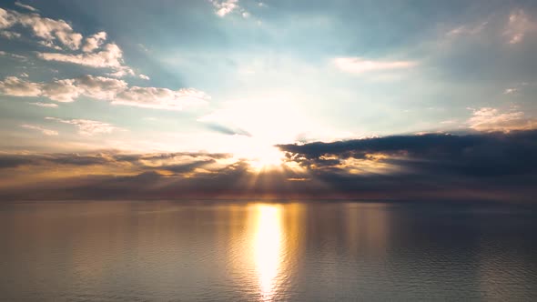 Sunset Over the Sea Flew Away Aerial View 4 K alt