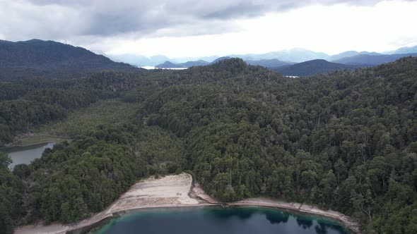 A Drone View of Forest and Mountains Surrounding Lakes in the Argentine Patagonia.