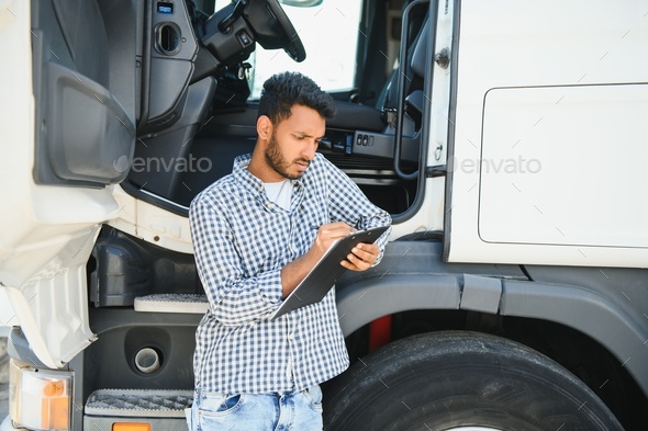 Logistics, delivery car and man with clipboard paperwork or checklist for stock,