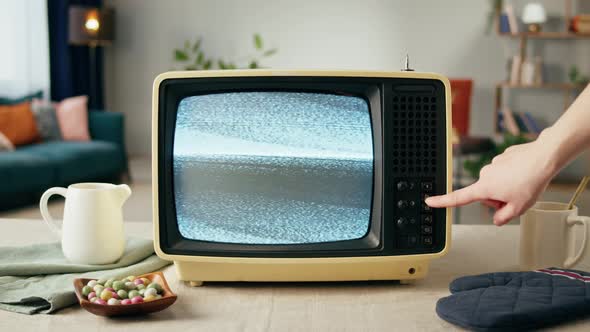 Old Television with Grey Blank Screen on Home Background Living Room alt