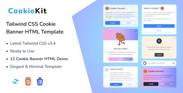 CookieKit - Tailwind CSS 3 Cookie Banners HTML Template