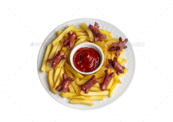 French fries and sausage fries platter (Turkish name; patates ve sosis ...