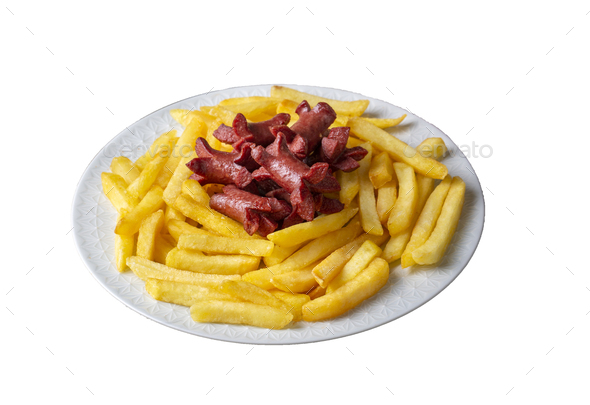 French fries and sausage fries platter (Turkish name; patates ve sosis ...