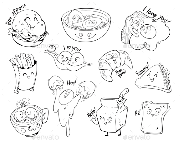 Cute Food is Drawn in Comic Style
