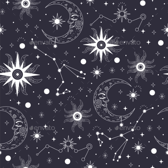 Star Constellation and Sun Seamless Pattern Vector