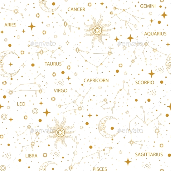 Golden Zodiac Star Constellations Seamless Pattern