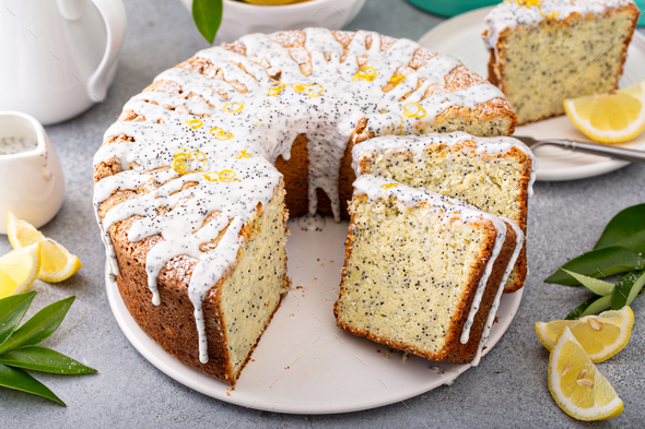 Lemon Poppy Seed Pound Cake with powdered sugar glaze Stock Photo by ...