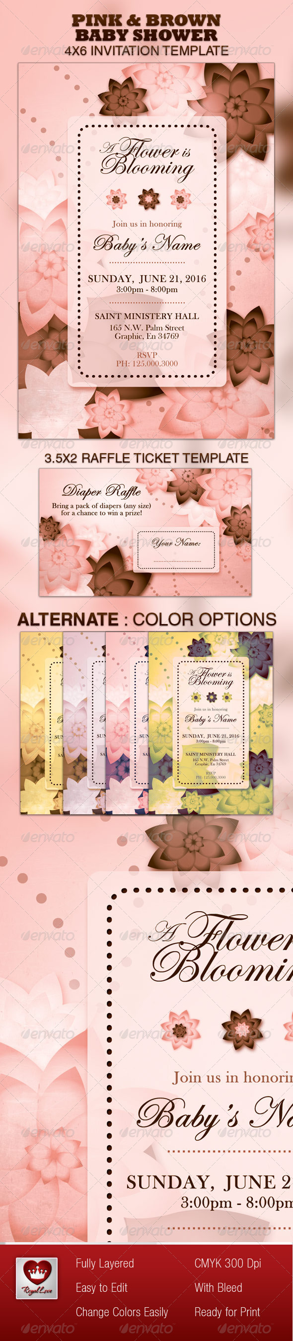 Pink & Brown Baby Shower Invitation & Raffle Ticke - Invitations Cards & Invites