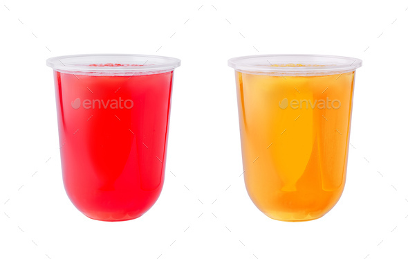 Strawberry and orange smoothie in plastic cups isolated