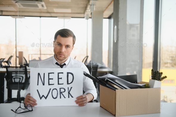 Photo of unhappy worker mature guy financial crisis lost work hold carton placard banner search work