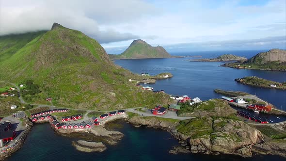 Tourist resort of Mortsund on Lofoten islands in Norway, aerial view alt