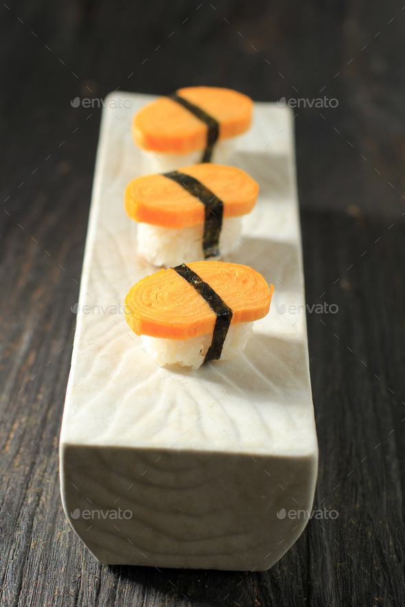 Tamago Nigiri Egg Sushi with Nori - Stock Photo - Images
