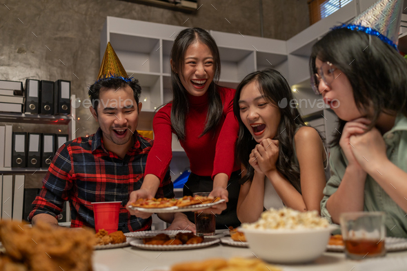 Happy Diverse Team People Talking Laughing Eating Pizza In Office