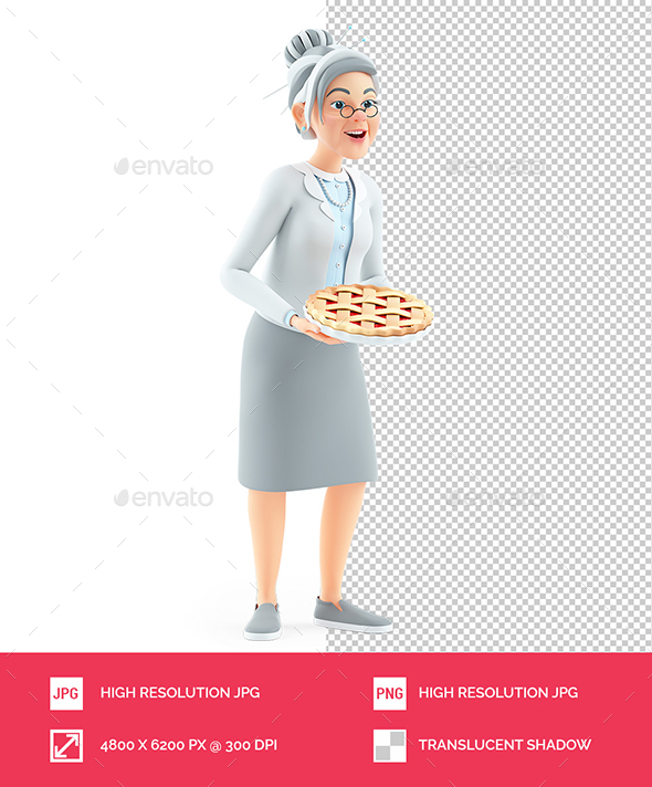 3D Cartoon Granny Holding Strawberry Pie