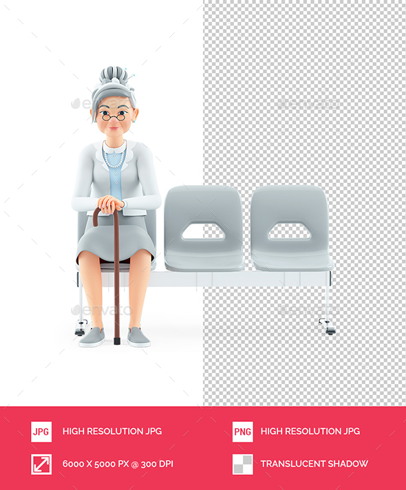 3D Cartoon Granny Sitting in Waiting Room
