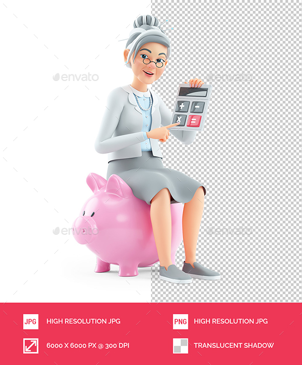 3D Cartoon Granny Sitting on Piggy Bank with Calculator