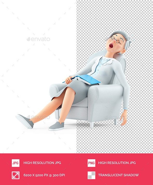 3D Cartoon Granny Sleeping in Armchair after Reading Book
