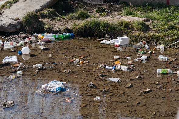 Polluted Waterway with Discarded Plastics. Stock Photo by eudial2224