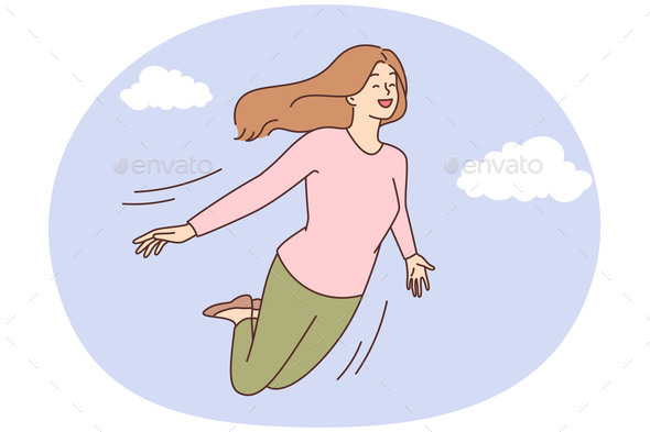 Smiling Woman Flying in Sky