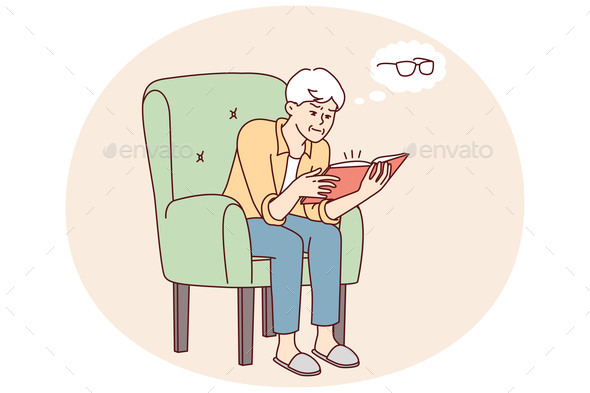 Elderly Man Sits in Chair Reading Book Thinks