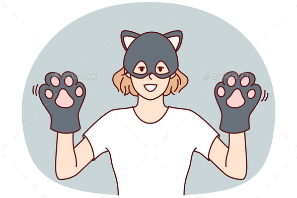 Funny Woman in Kitten Mask Demonstrates Hands