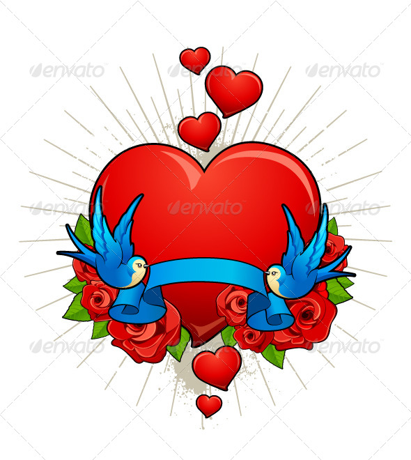 Vector Illustration of Hearts with Birds - Vectors