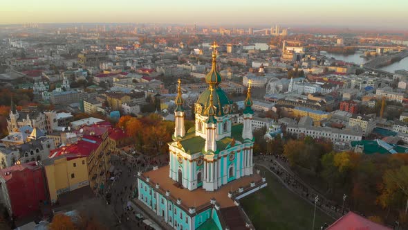 Aerial View of St. Andrew's Church at Sunset, Kiev