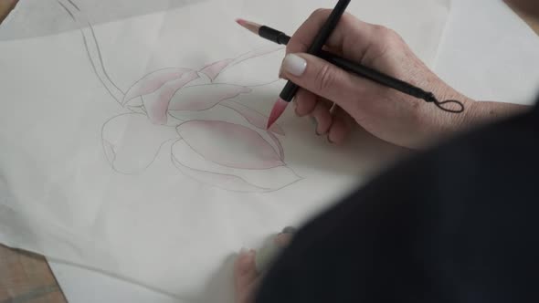 Female Painting Lotus in Chinese Technique Gongbi alt