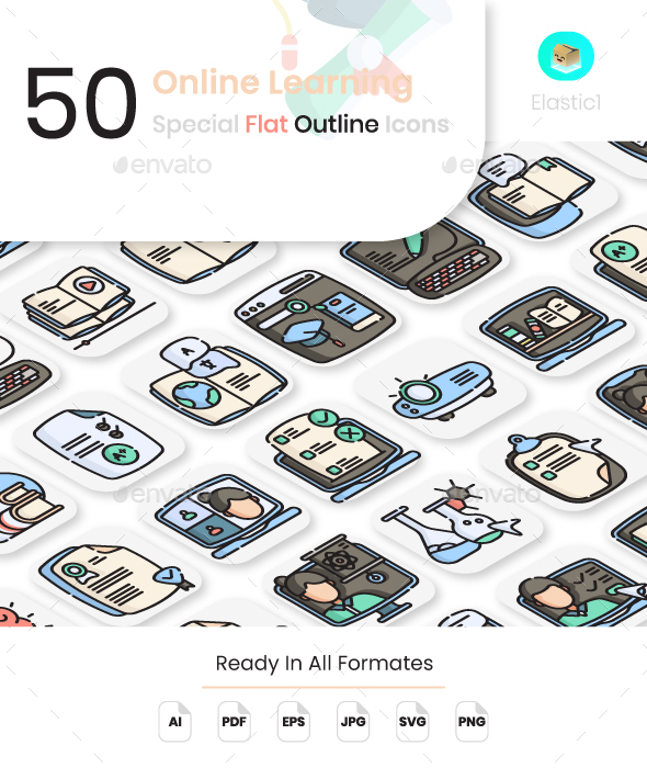Online Learning Flat Outline Icons