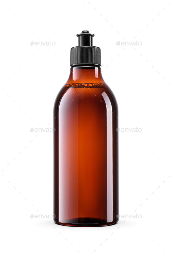 Dish soap. Dishwashing liquid detergent in blank amber brown bottle isolated.