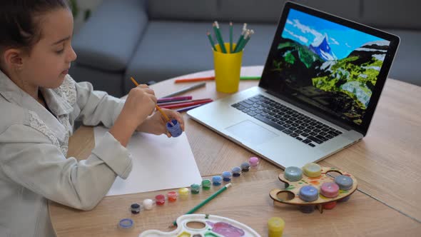 Serious Little Girl Handwrite Study Online Using Laptop at Home Cute Happy Small Child Take Internet alt