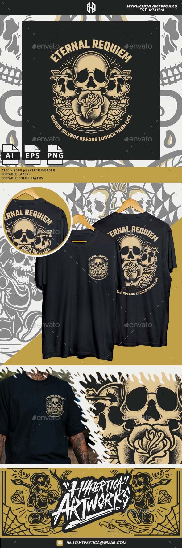 Traditional Skull Tattoo With Roses T-shirt Design