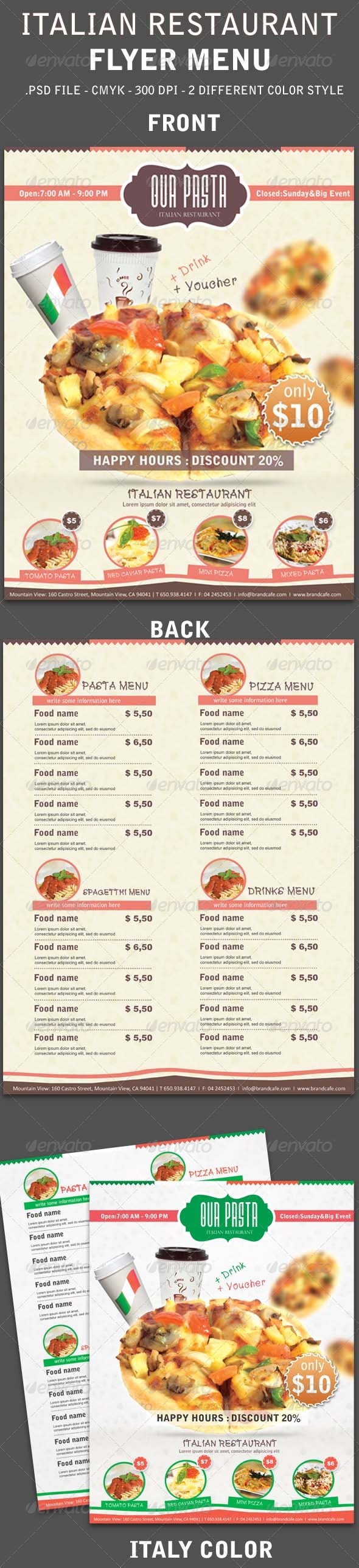 Italy Restaurant Menu Flyer - Food Menus Print Templates