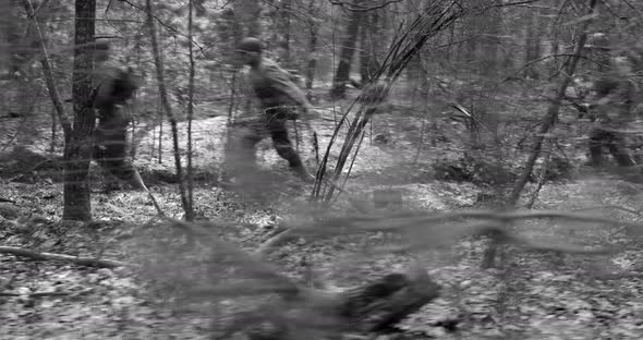 American Soldiers Of USA Infantry Of World War II Marching Running Run Along Forest In Autumn Spring alt